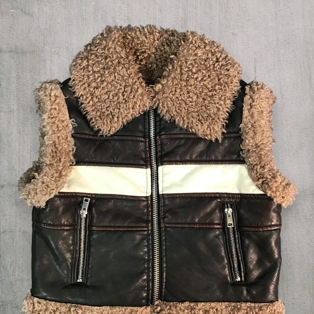 CALI 1850 Faux Leather Sherpa Lined Vest Brown Zip Puffer Moto Style Women's S